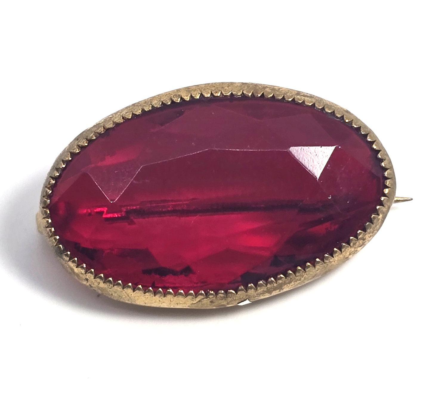 Victorian Deep red glass stamped brass vintage Czech glass brooch pin