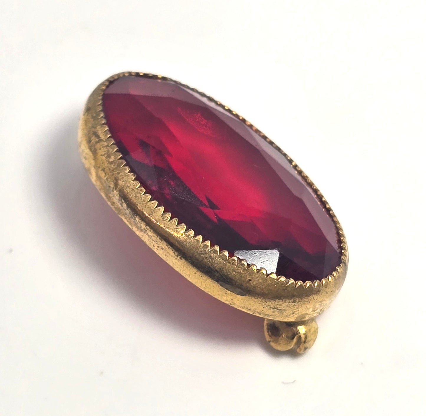 Victorian Deep red glass stamped brass vintage Czech glass brooch pin