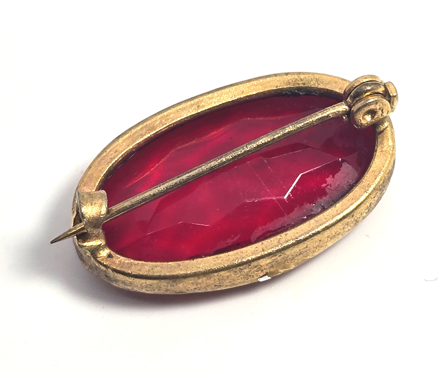 Victorian Deep red glass stamped brass vintage Czech glass brooch pin