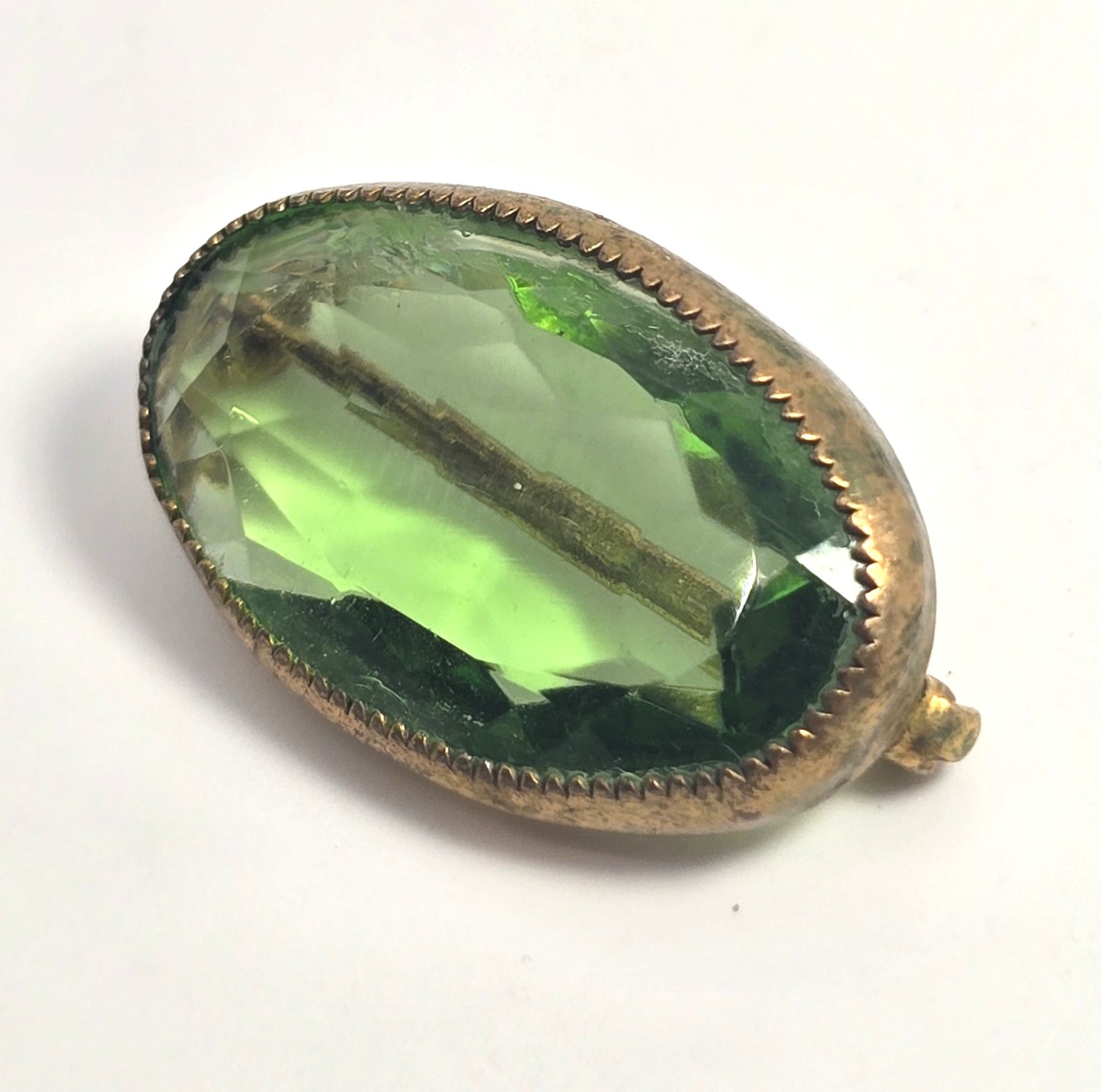 Victorian Bright green Czech glass stamped brass vintage brooch pin