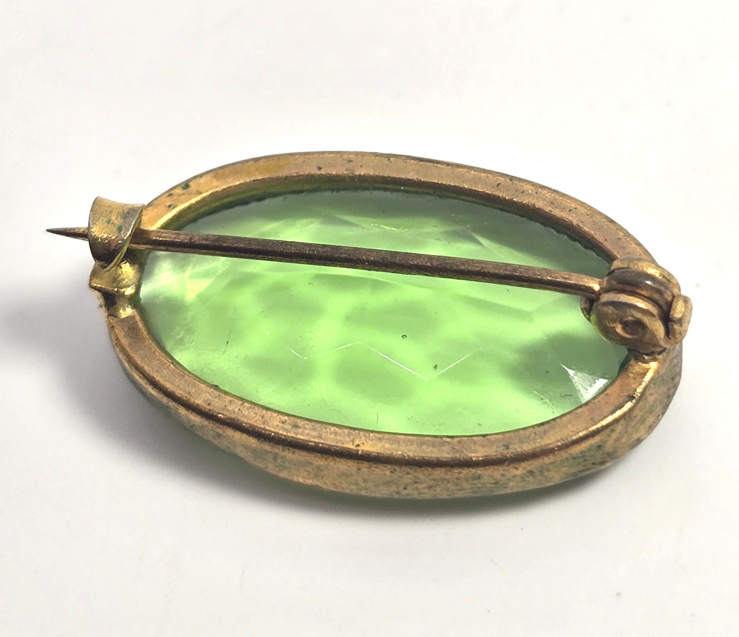 Victorian Bright green Czech glass stamped brass vintage brooch pin