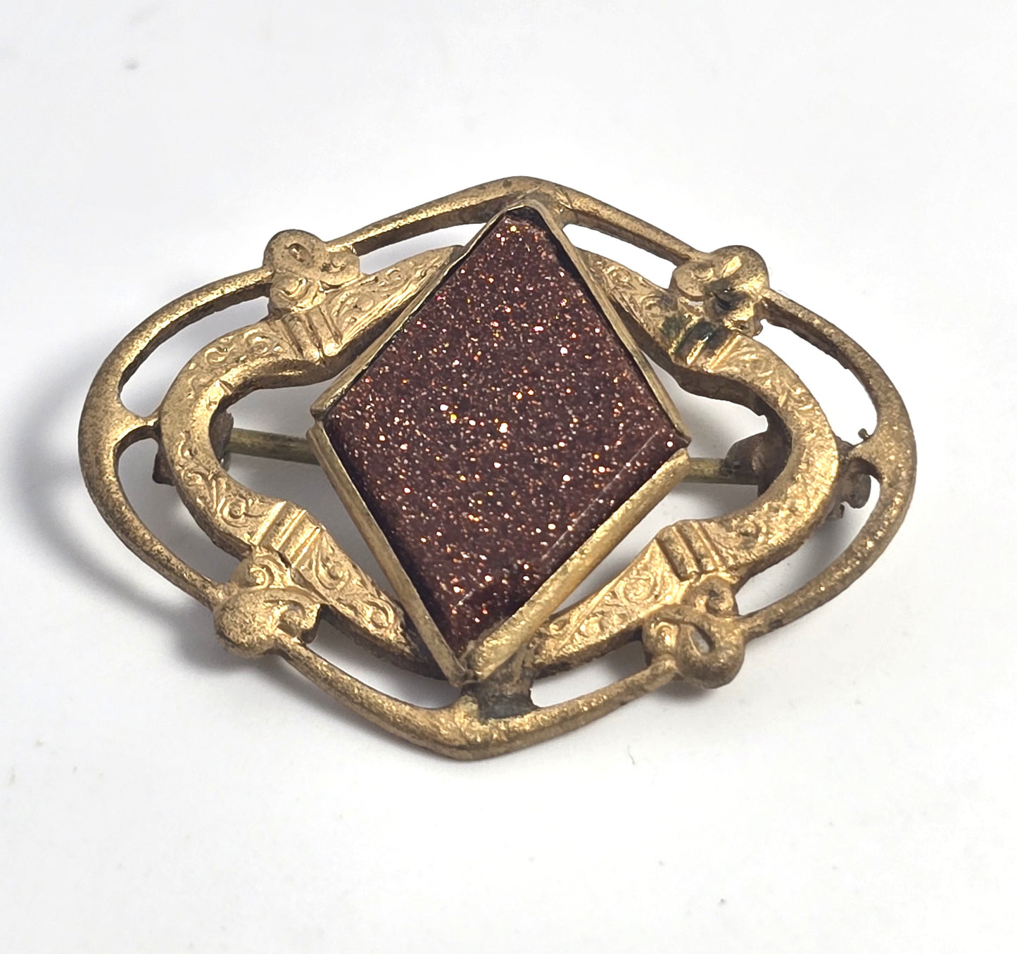 Victorian Goldstone aventurine Czech glass stamped brass vintage brooch pin