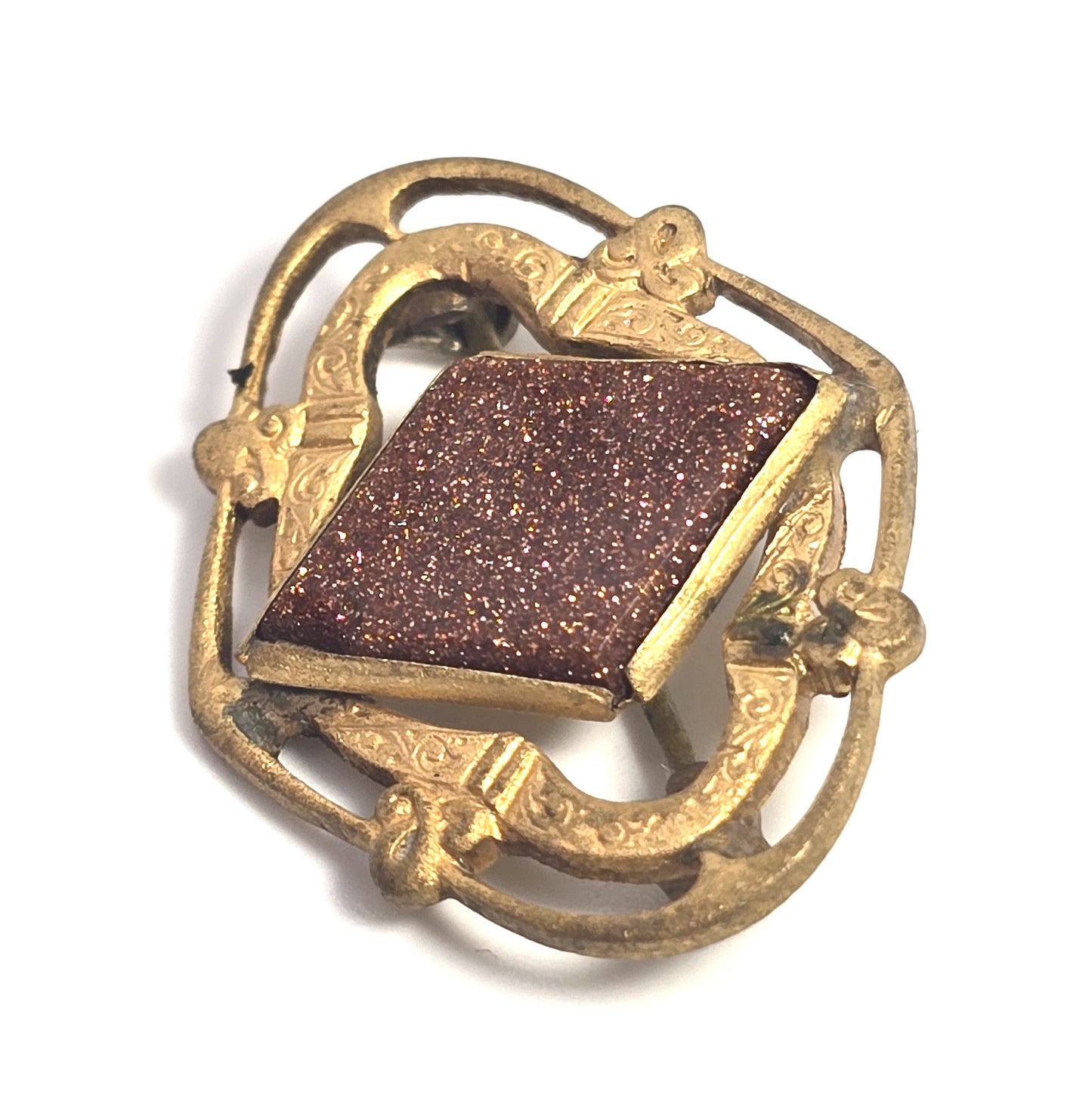 Victorian Goldstone aventurine Czech glass stamped brass vintage brooch pin