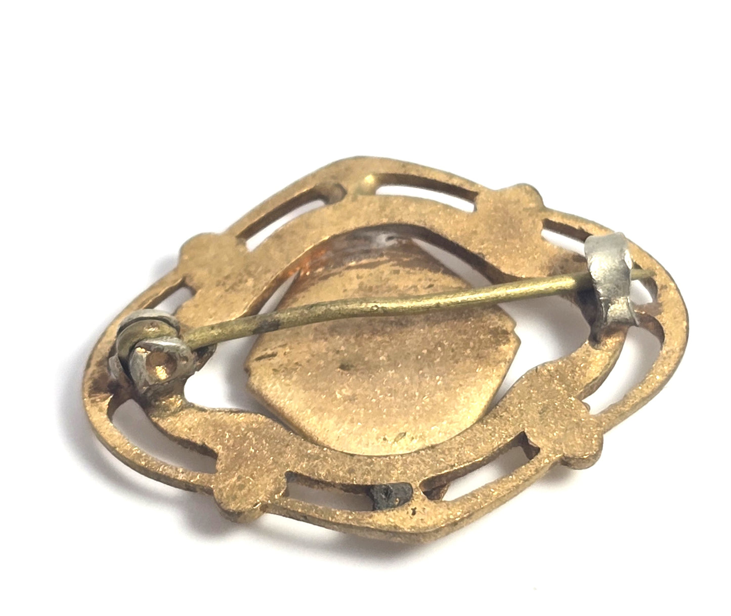 Victorian Goldstone aventurine Czech glass stamped brass vintage brooch pin