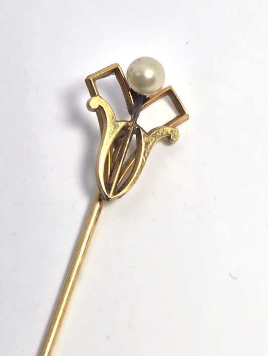 Art Nouveau Yellow gold filled white pearl Victorian antique lapel stick pin Ika & Co