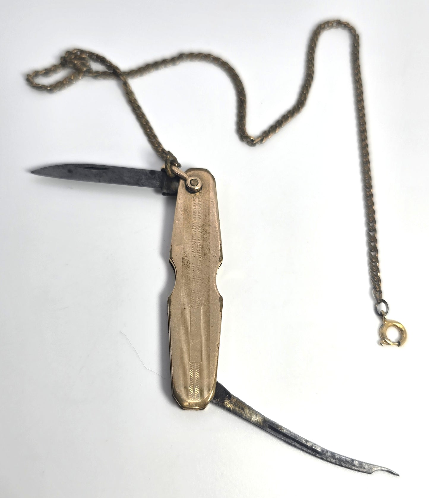 Simmons gold filled antique pocket knife fob on chain Double sided blank plate