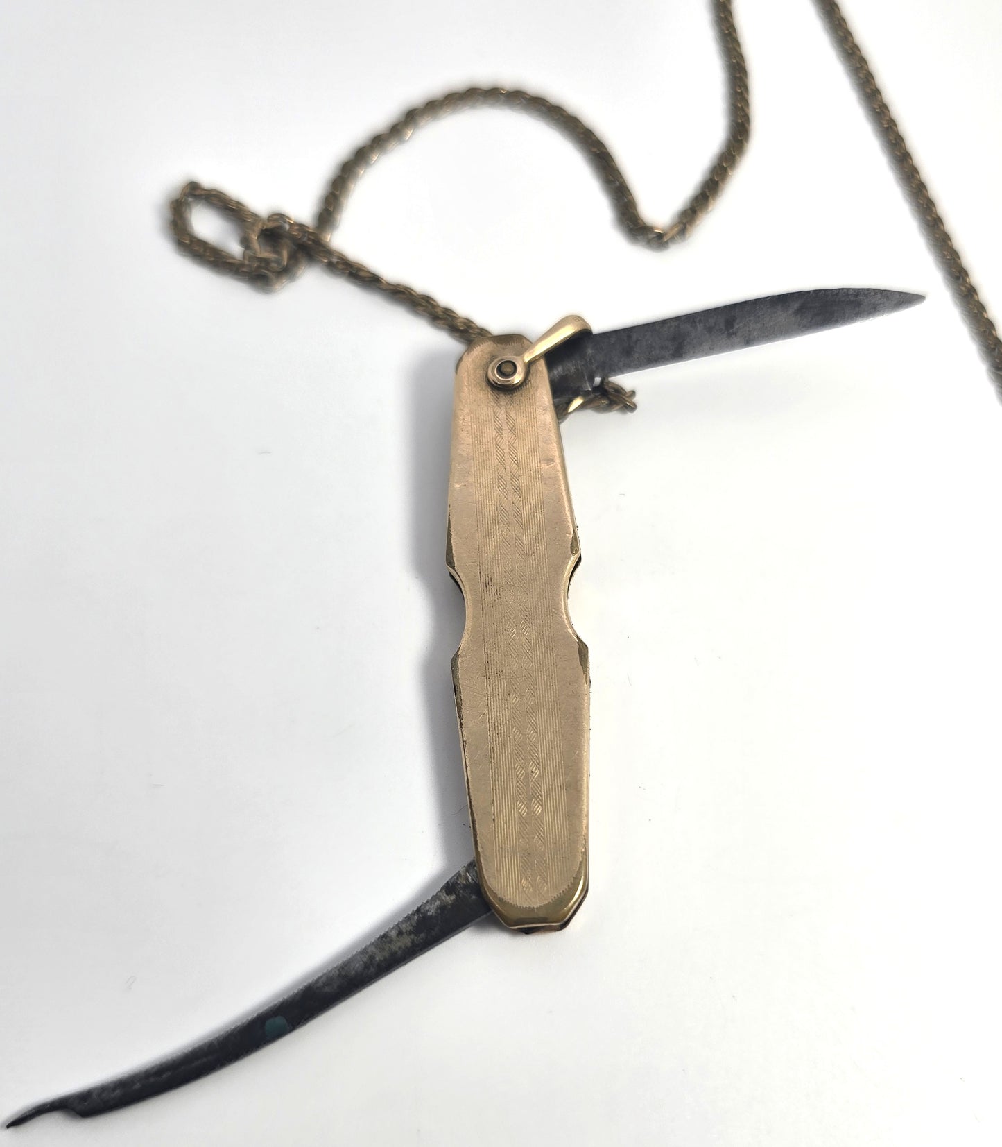 Simmons gold filled antique pocket knife fob on chain Double sided blank plate