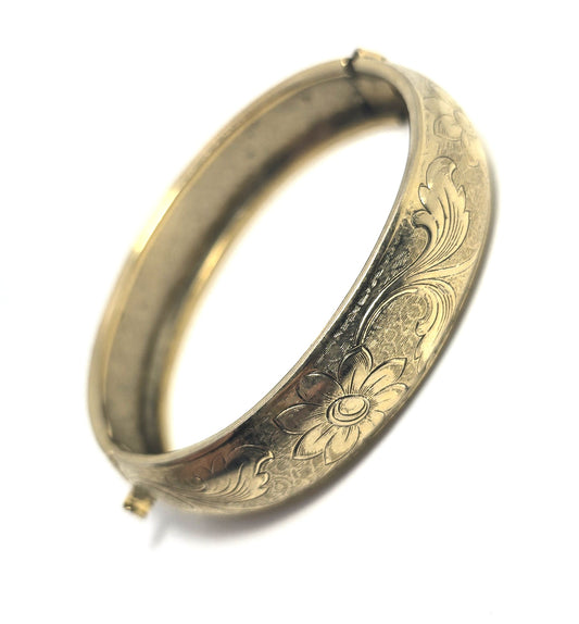 Etched flower Victorian revival gold plated vintage thick hinged bangle