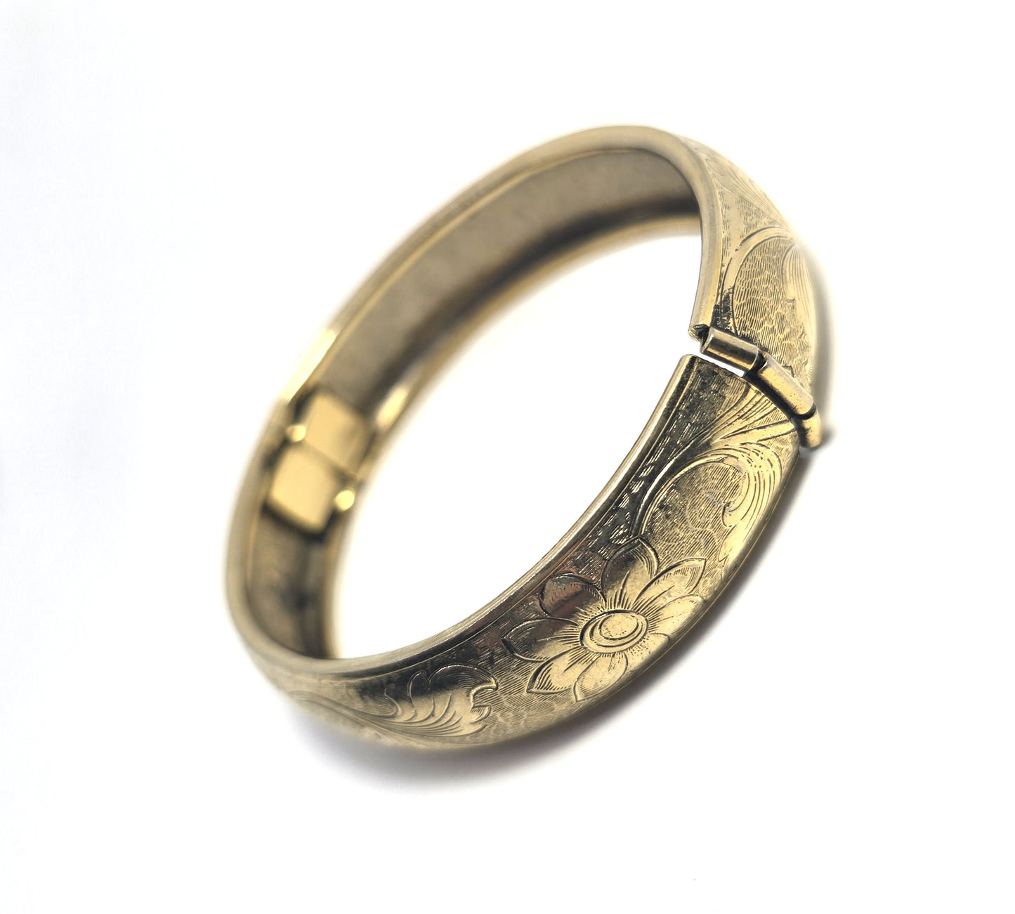 Etched flower Victorian revival gold plated vintage thick hinged bangle