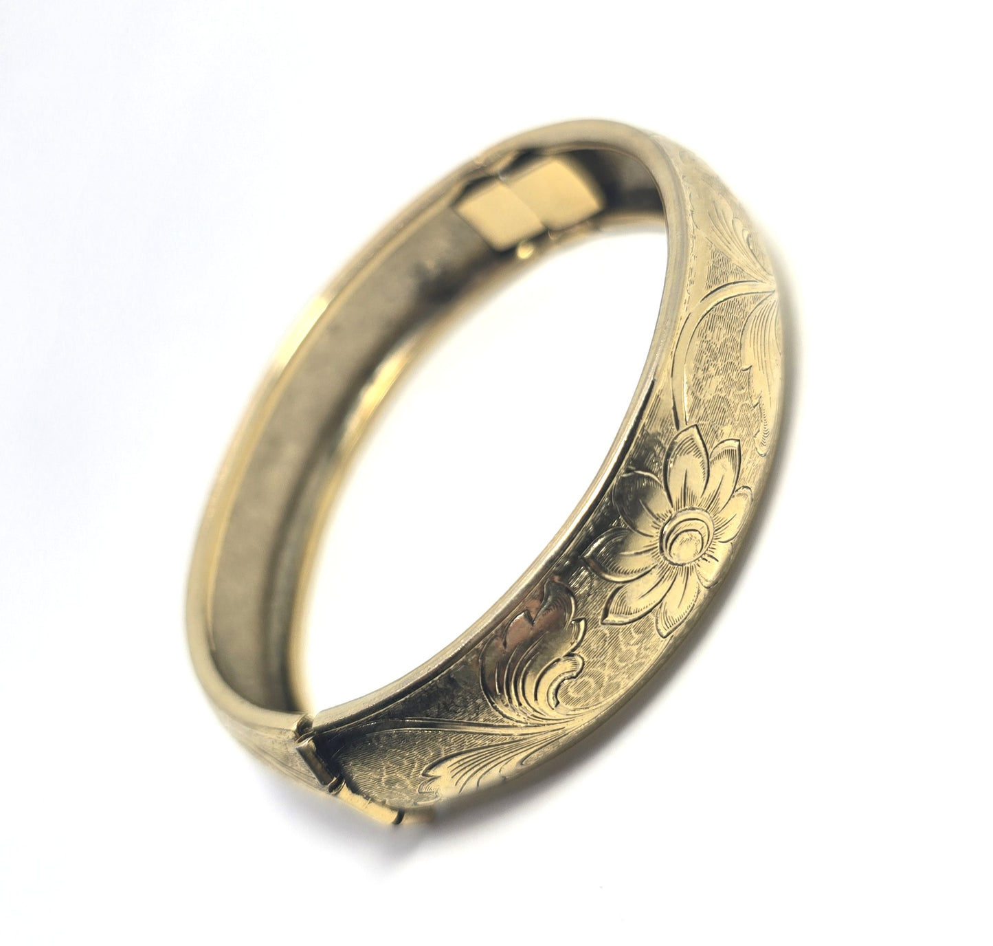Etched flower Victorian revival gold plated vintage thick hinged bangle