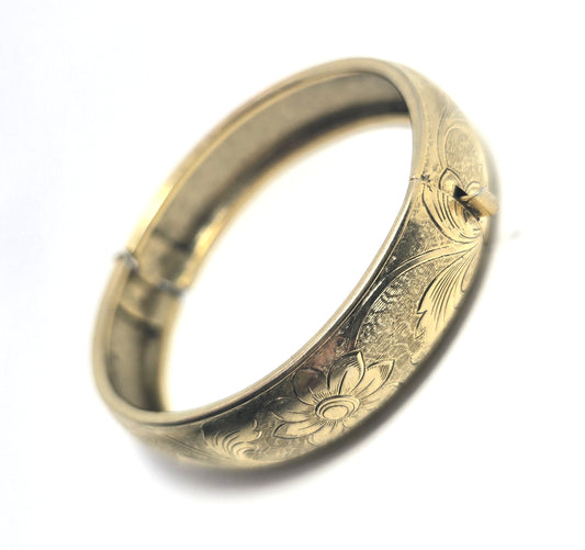 Etched flower Victorian revival gold plated vintage thick hinged bangle