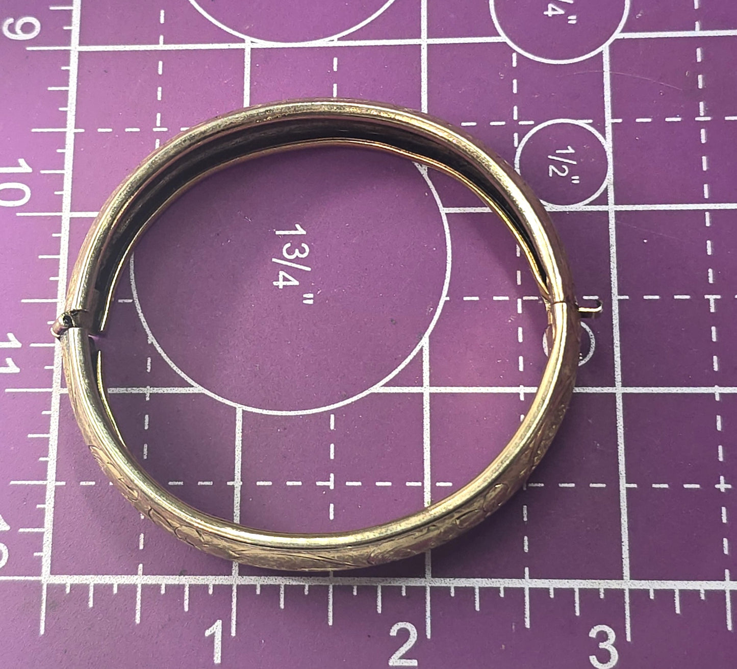 Etched flower Victorian revival gold plated vintage thick hinged bangle