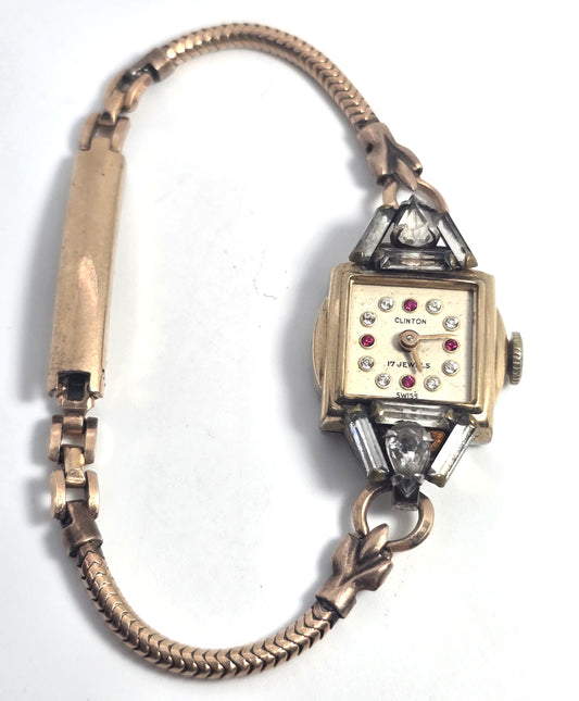 Art Deco Clinton yellow gold filled wind up 17 jewel watch missing crystal face