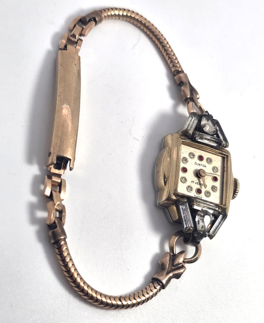 Art Deco Clinton yellow gold filled wind up 17 jewel watch missing crystal face