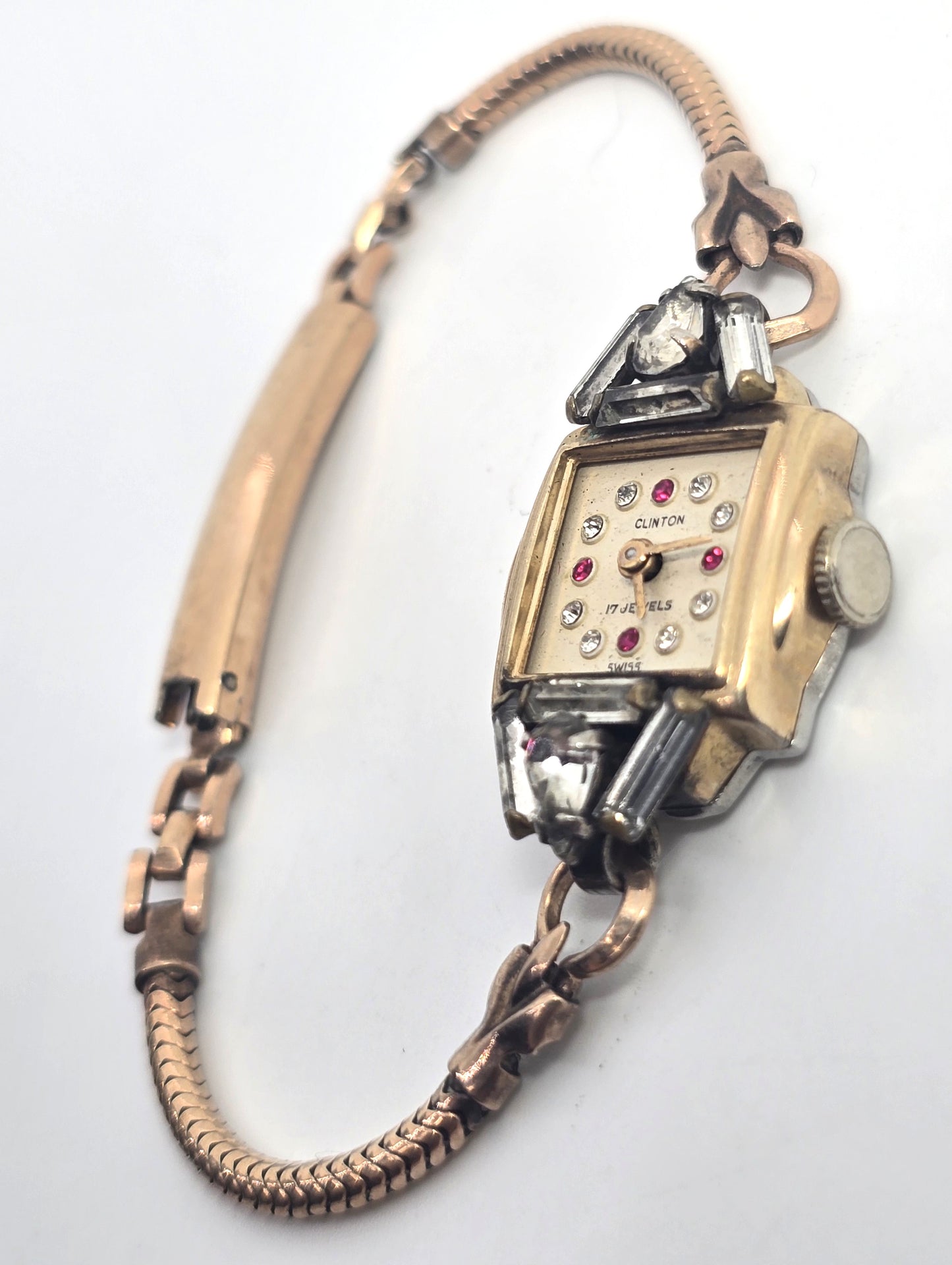 Art Deco Clinton yellow gold filled wind up 17 jewel watch missing crystal face