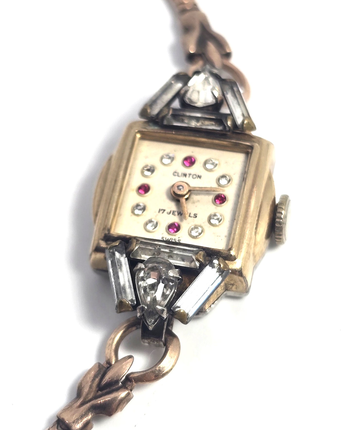Art Deco Clinton yellow gold filled wind up 17 jewel watch missing crystal face
