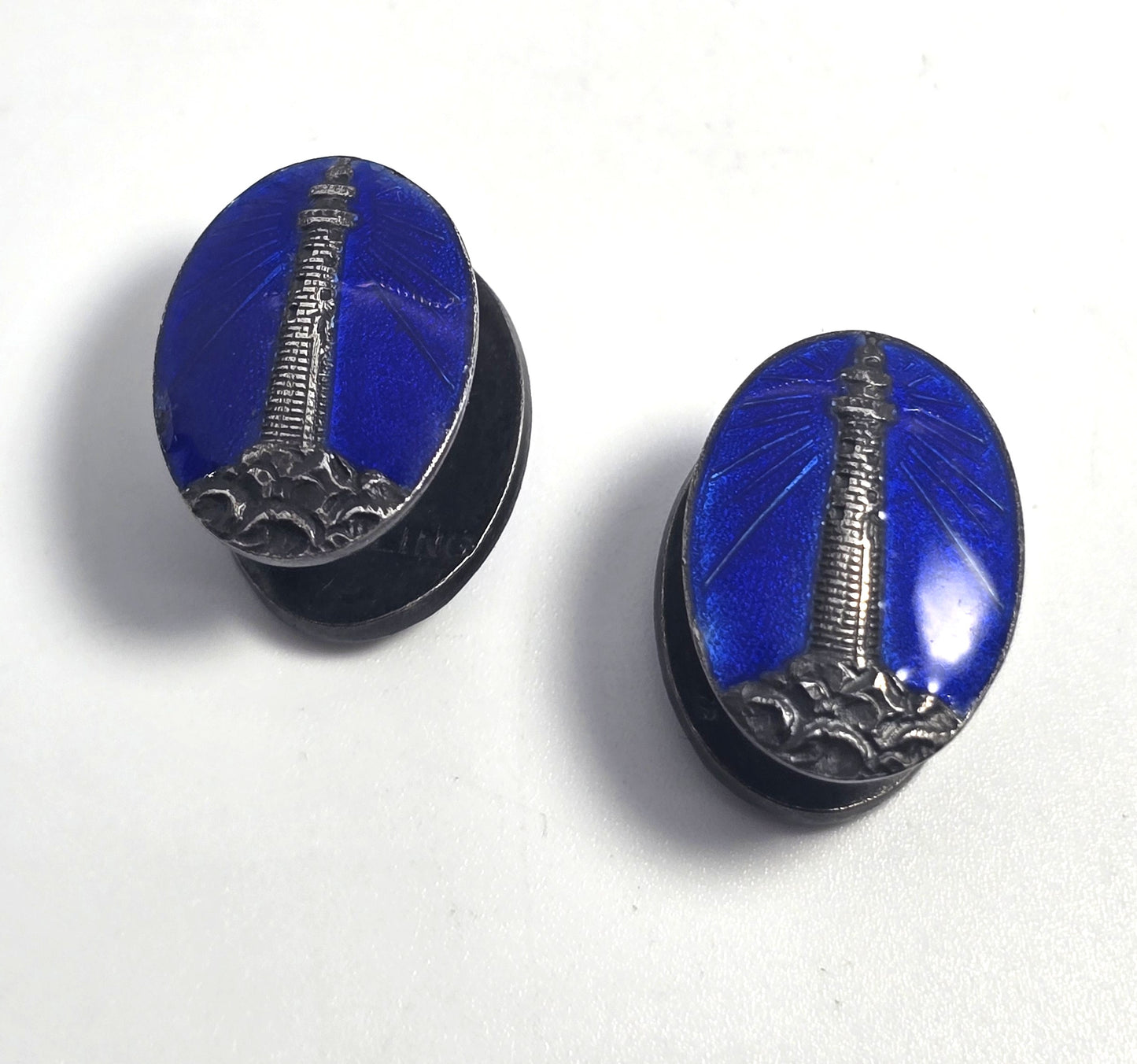 Antique lighthouse Sterling Silver Blue Guilloche Enamel Victorian cufflinks
