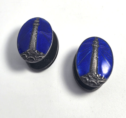 Antique lighthouse Sterling Silver Blue Guilloche Enamel Victorian cufflinks