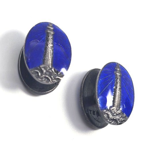 Antique lighthouse Sterling Silver Blue Guilloche Enamel Victorian cufflinks