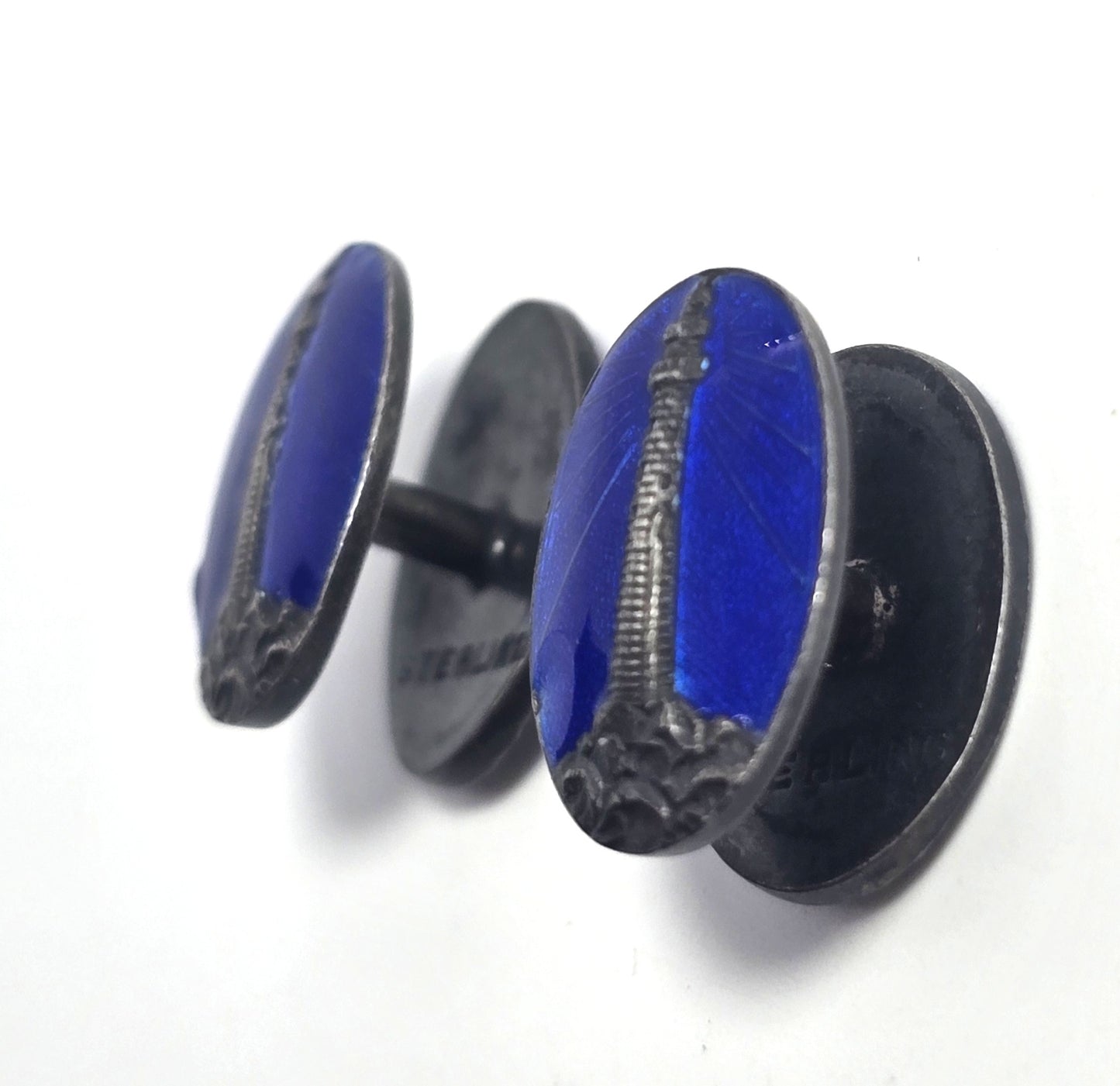 Antique lighthouse Sterling Silver Blue Guilloche Enamel Victorian cufflinks