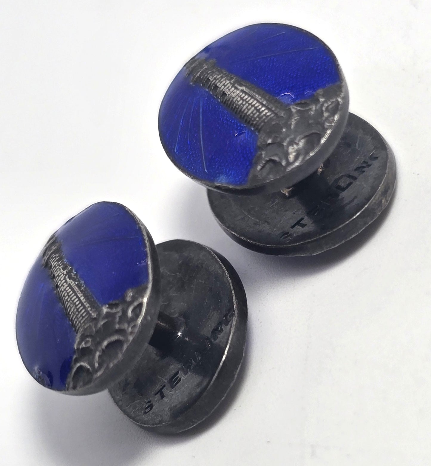 Antique lighthouse Sterling Silver Blue Guilloche Enamel Victorian cufflinks