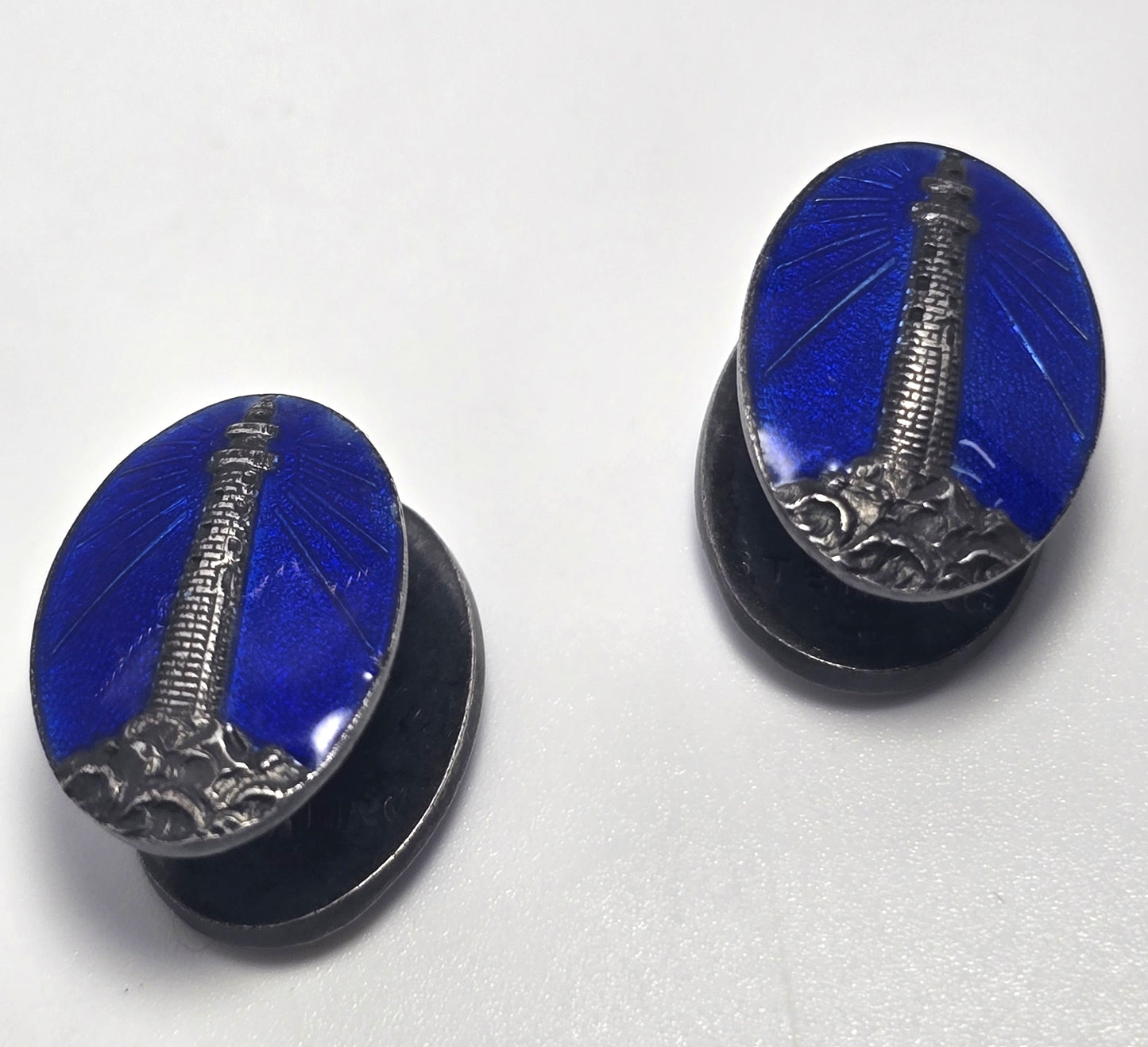 Antique lighthouse Sterling Silver Blue Guilloche Enamel Victorian cufflinks