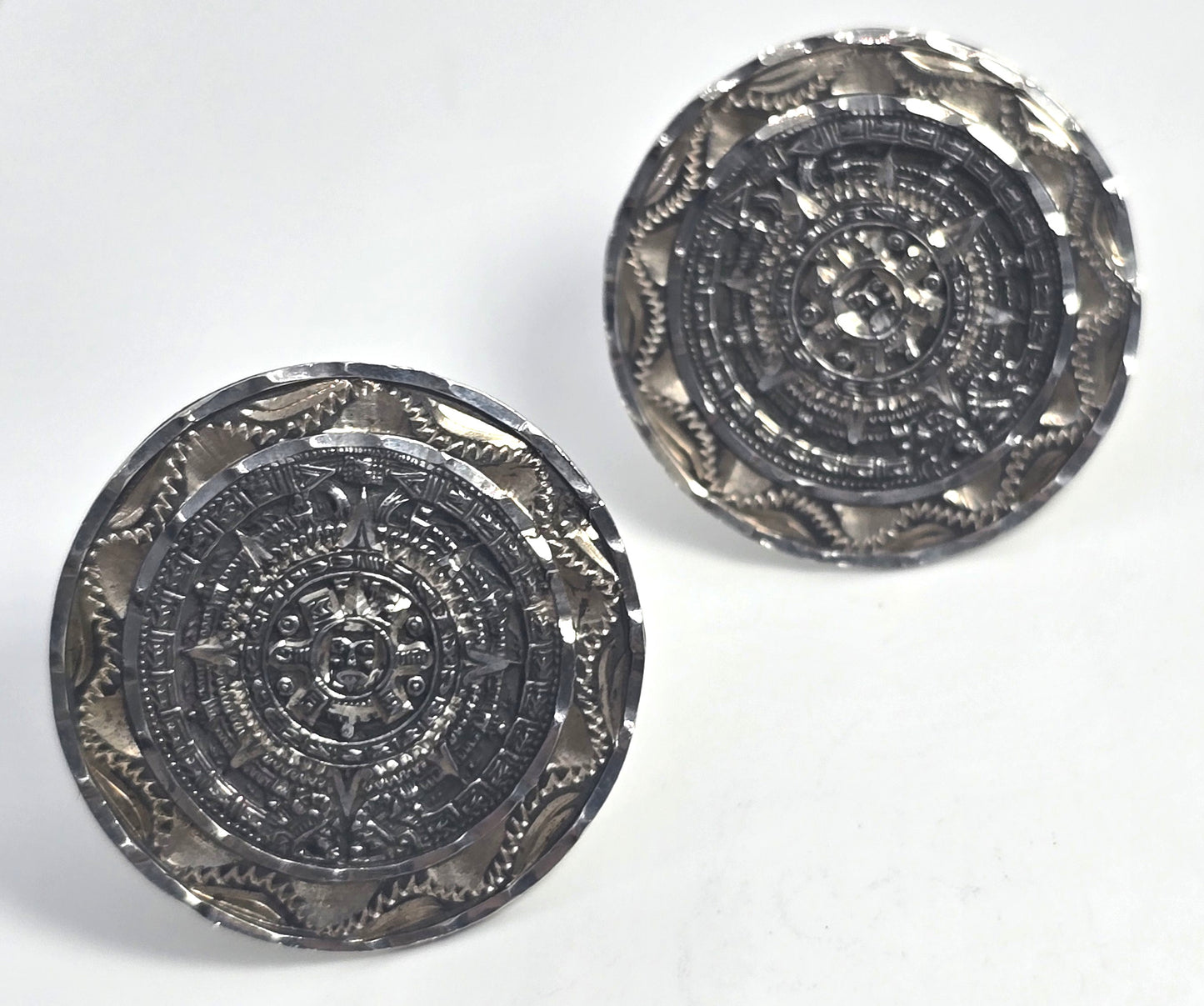 Aztec Mayan Calendar vintage Mexican sterling silver signed cufflinks Eagle stamp