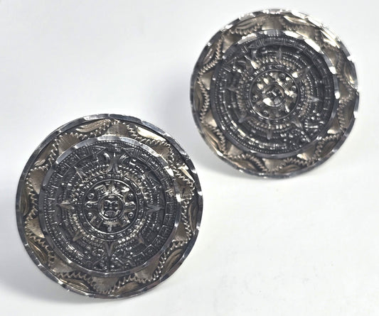 Aztec Mayan Calendar vintage Mexican sterling silver signed cufflinks Eagle stamp