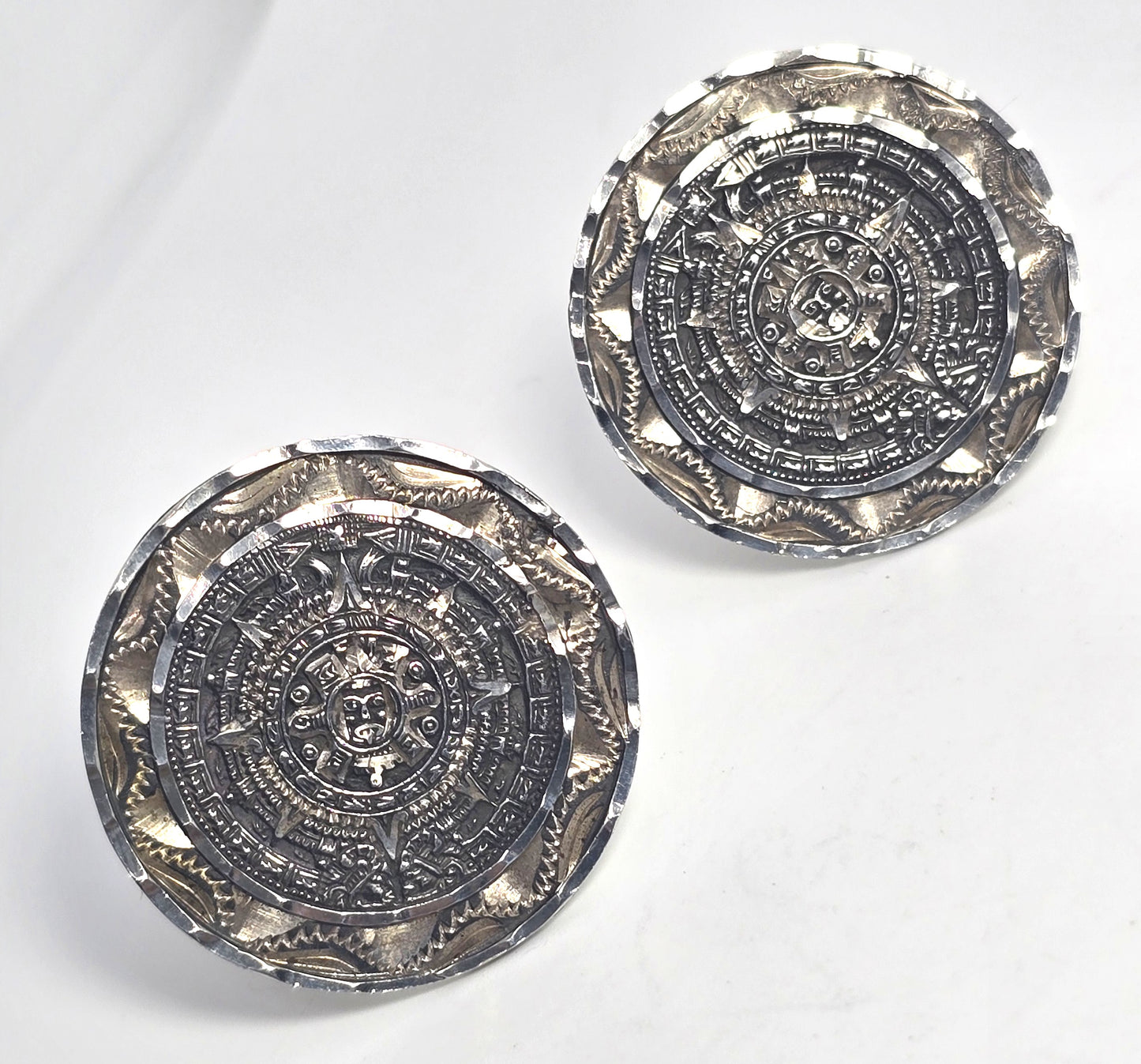 Aztec Mayan Calendar vintage Mexican sterling silver signed cufflinks Eagle stamp