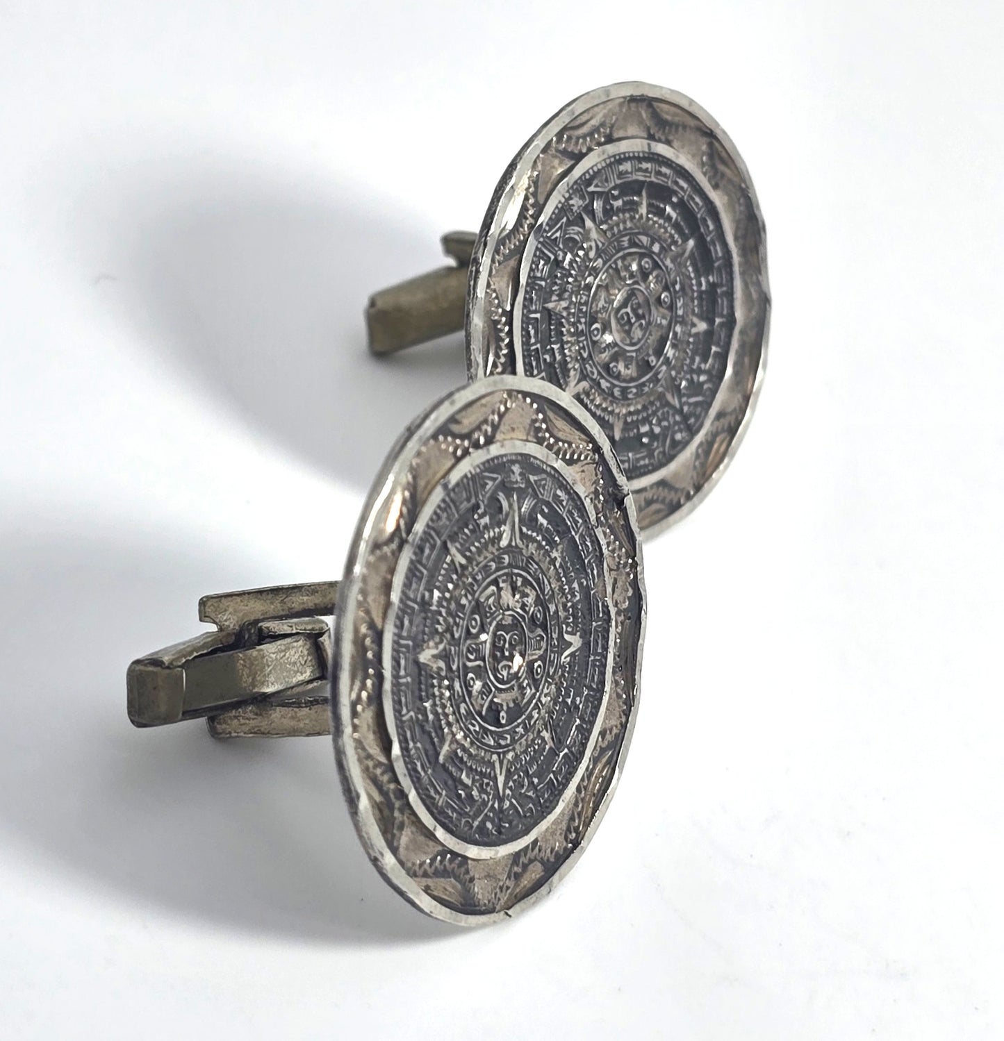 Aztec Mayan Calendar vintage Mexican sterling silver signed cufflinks Eagle stamp
