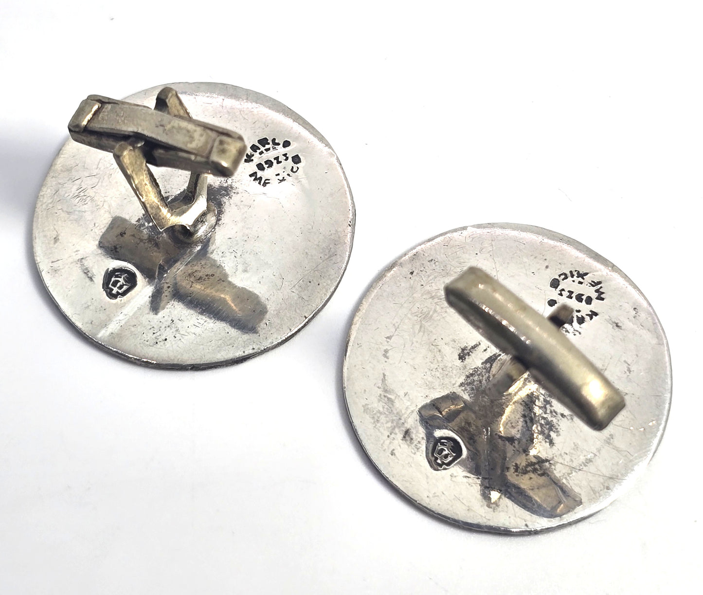 Aztec Mayan Calendar vintage Mexican sterling silver signed cufflinks Eagle stamp