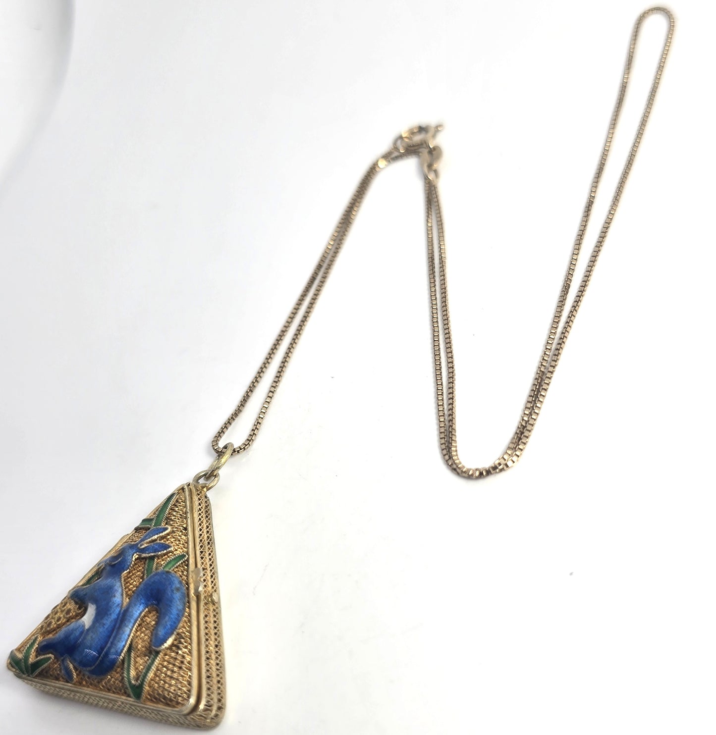 Chinese Export blue enamel squirrel vermeil sterling silver vintage locket