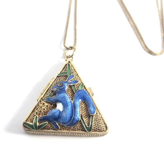 Chinese Export blue enamel squirrel vermeil sterling silver vintage locket
