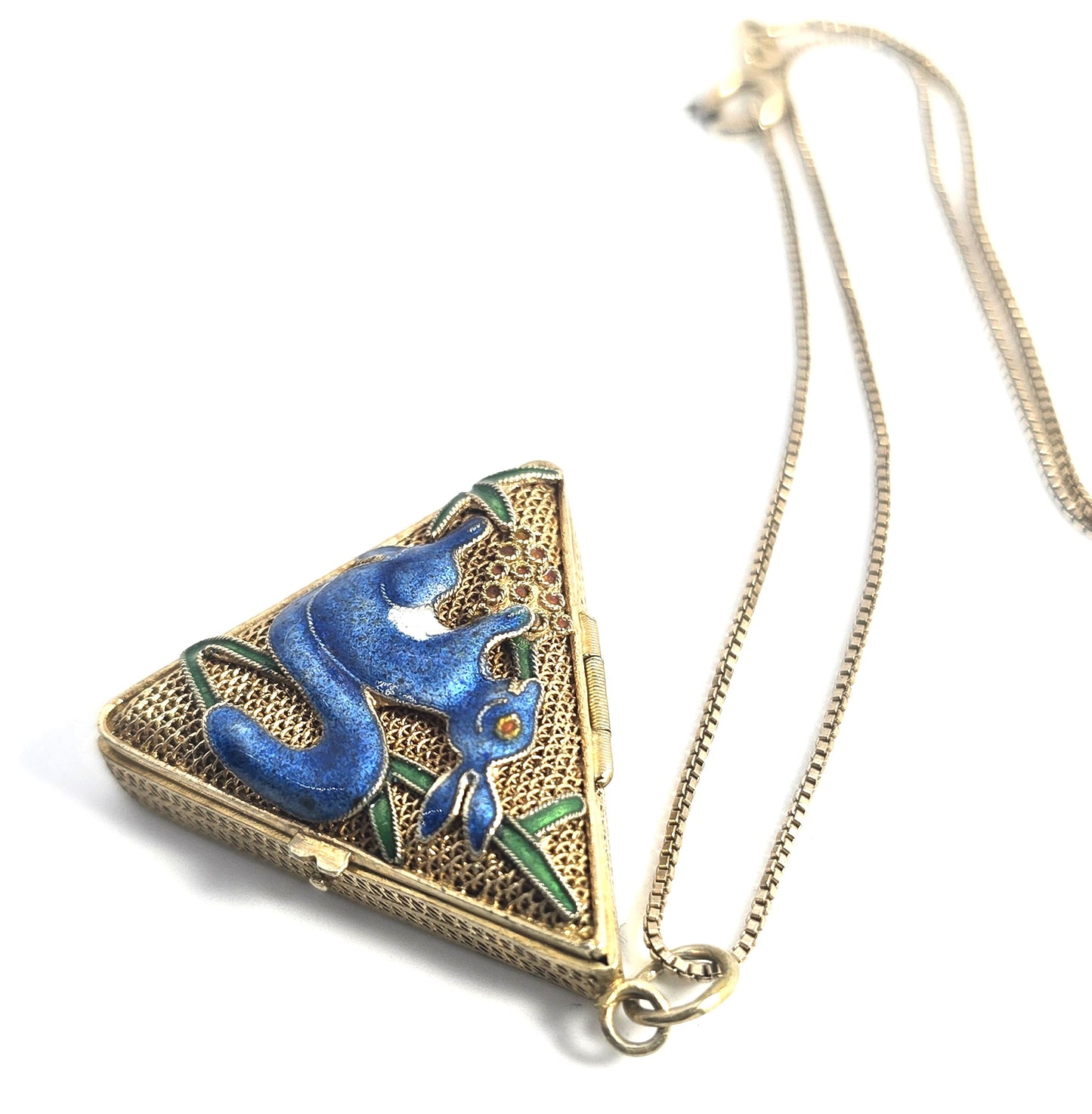 Chinese Export blue enamel squirrel vermeil sterling silver vintage locket