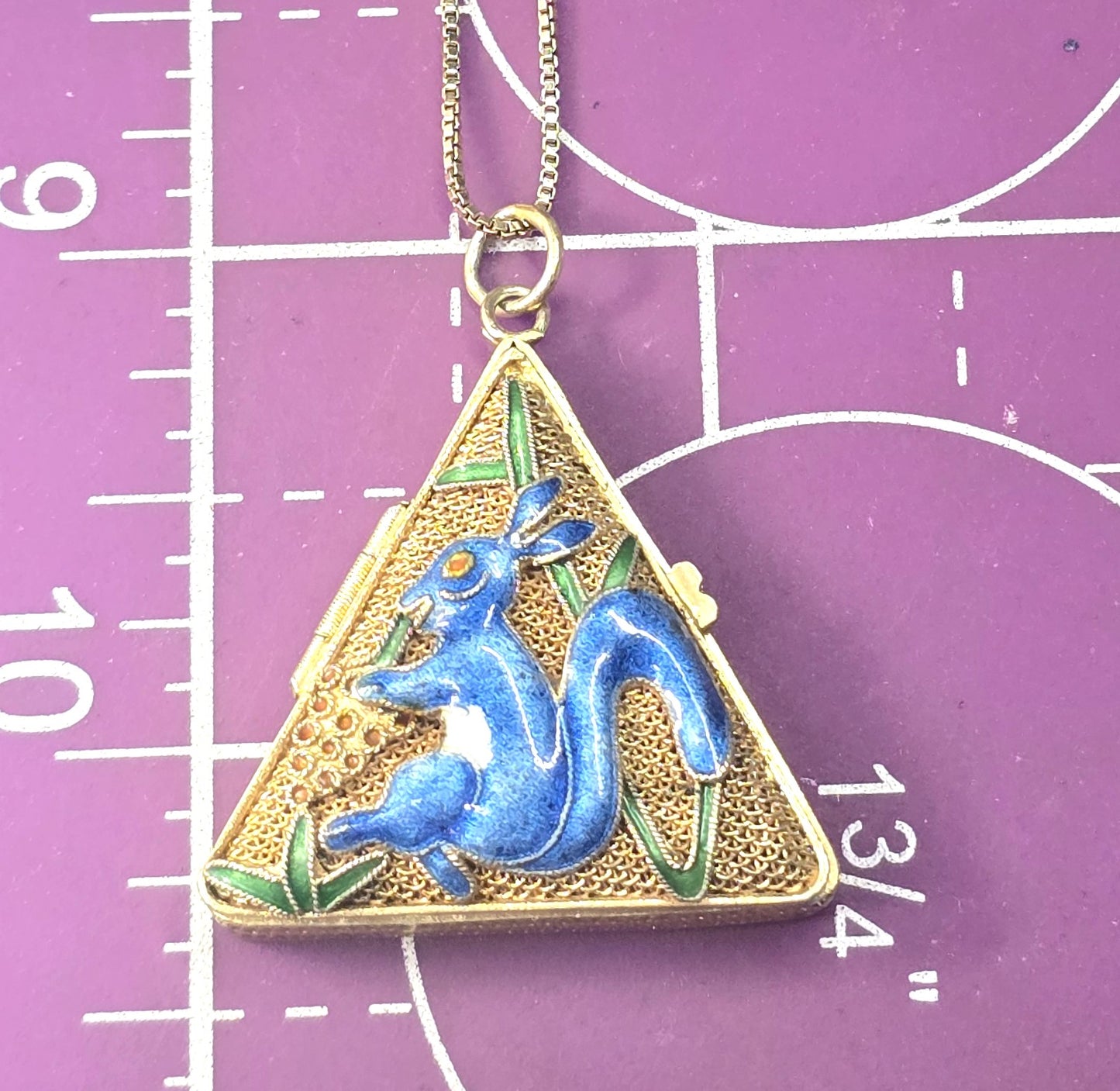 Chinese Export blue enamel squirrel vermeil sterling silver vintage locket