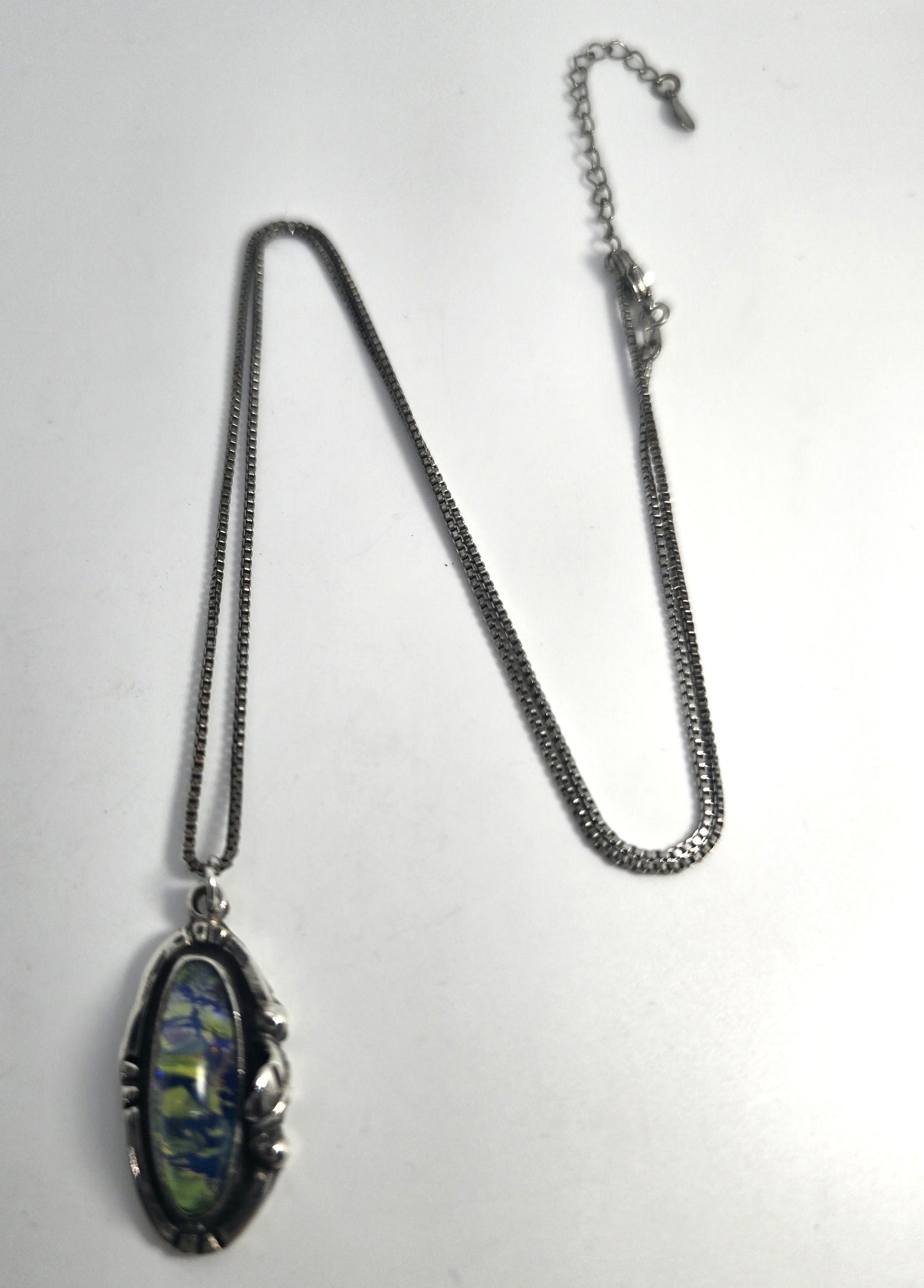 Dichroic glass vintage blue green Taxco Mexican sterling silver necklace