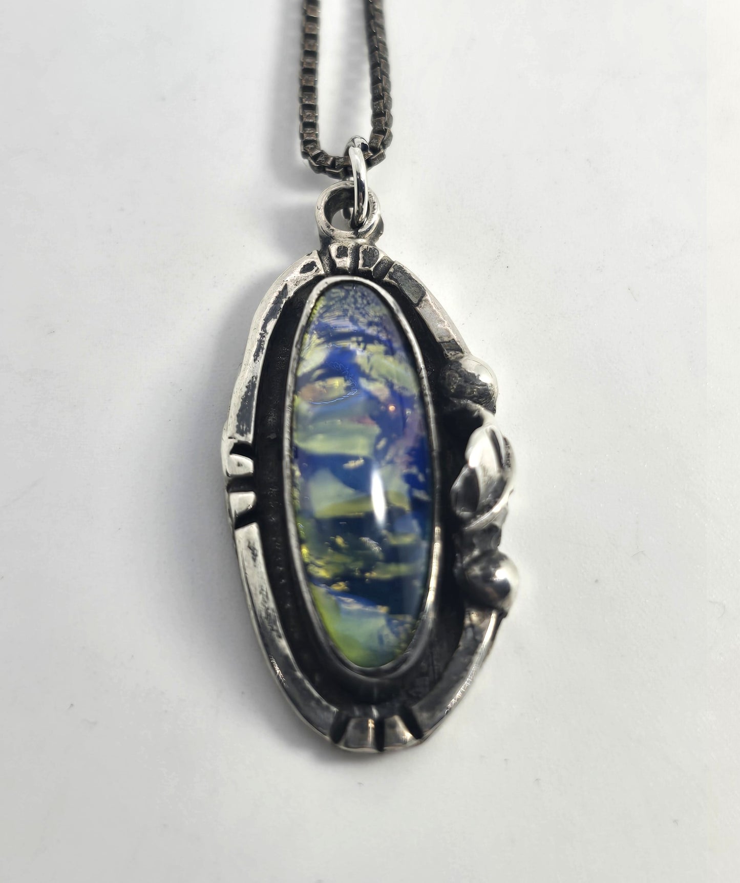 Dichroic glass vintage blue green Taxco Mexican sterling silver necklace