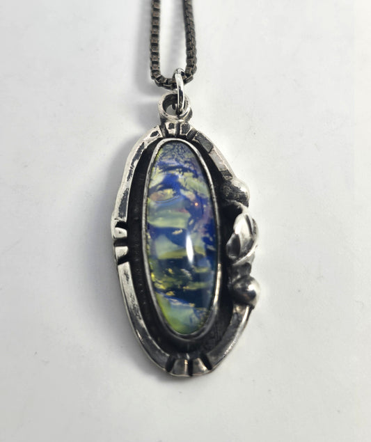 Dichroic glass vintage blue green Taxco Mexican sterling silver necklace