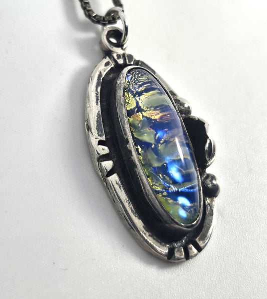 Dichroic glass vintage blue green Taxco Mexican sterling silver necklace