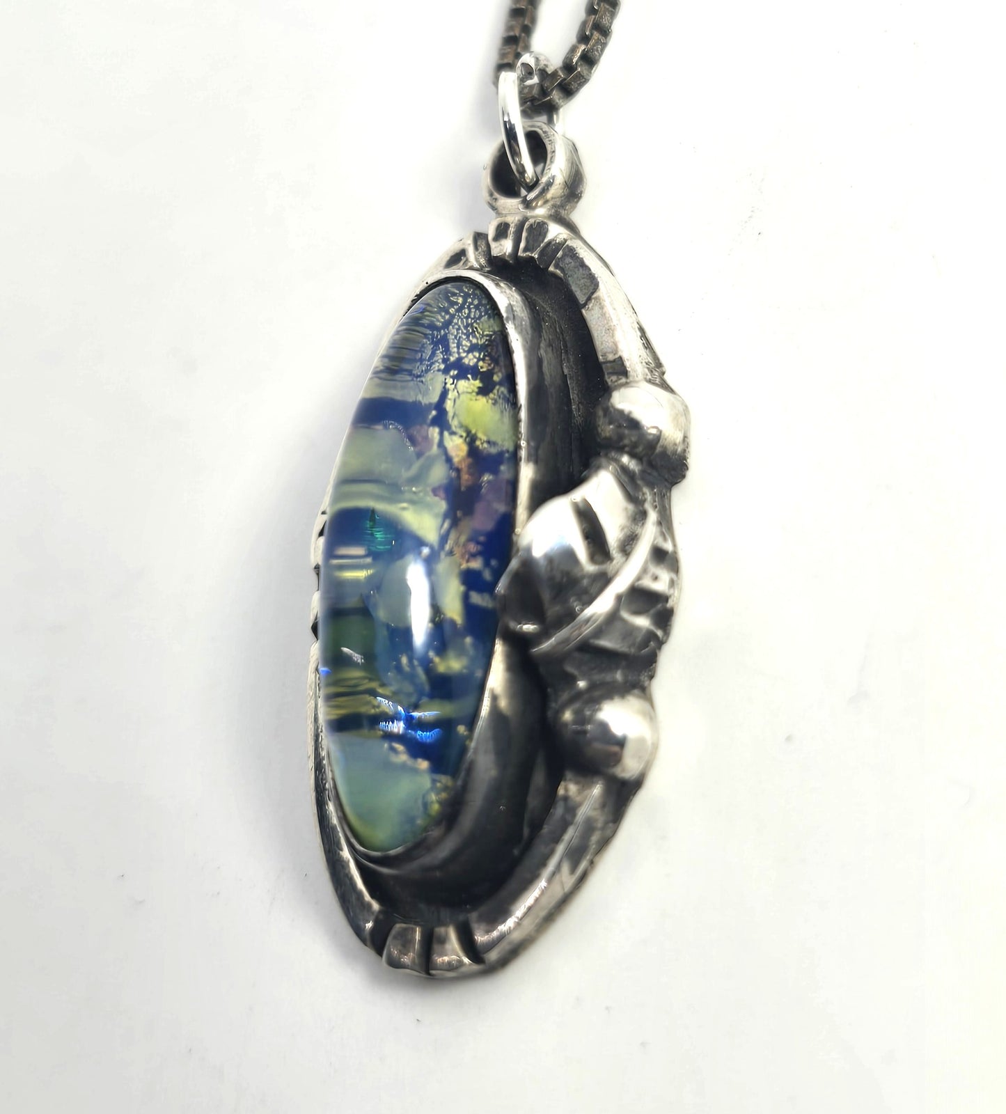 Dichroic glass vintage blue green Taxco Mexican sterling silver necklace