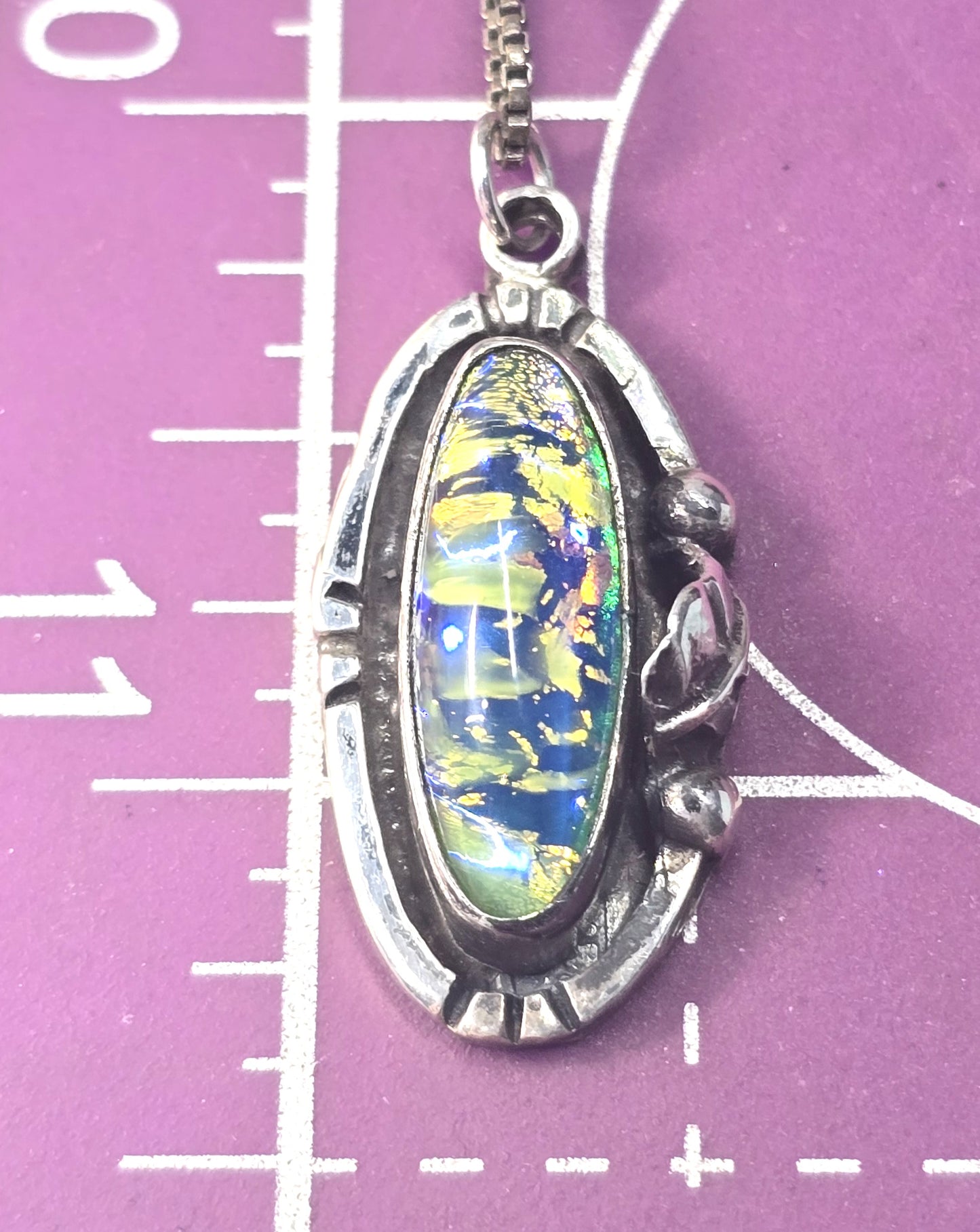 Dichroic glass vintage blue green Taxco Mexican sterling silver necklace