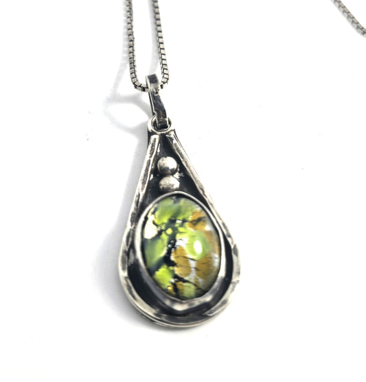 Dichroic glass vintage green Taxco Mexican sterling silver necklace