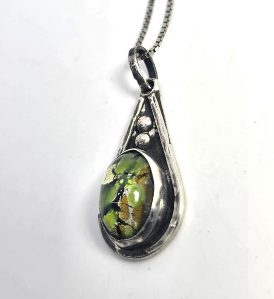 Dichroic glass vintage green Taxco Mexican sterling silver necklace
