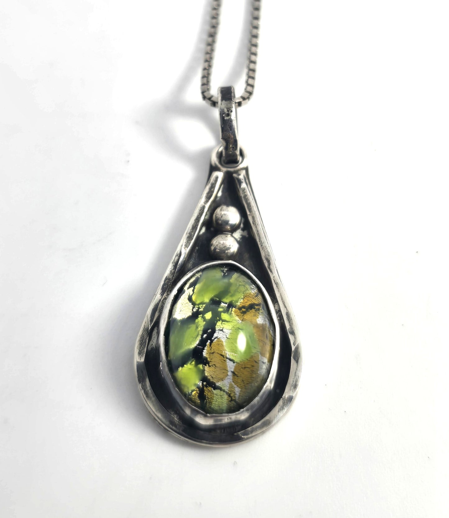 Dichroic glass vintage green Taxco Mexican sterling silver necklace