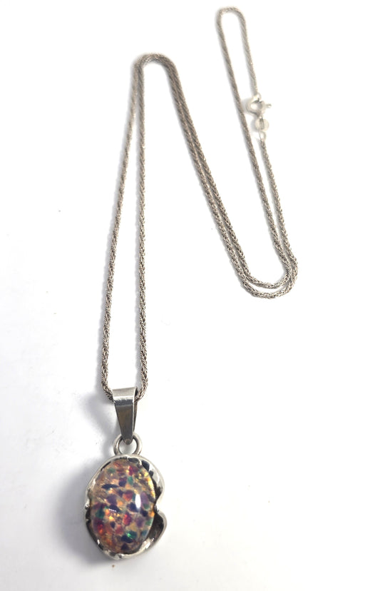 Dichroic glass opal vintage pink flower Mexican sterling silver necklace