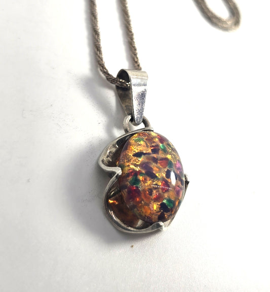 Dichroic glass opal vintage pink flower Mexican sterling silver necklace