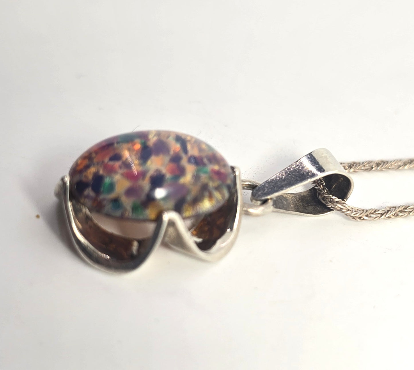 Dichroic glass opal vintage pink flower Mexican sterling silver necklace