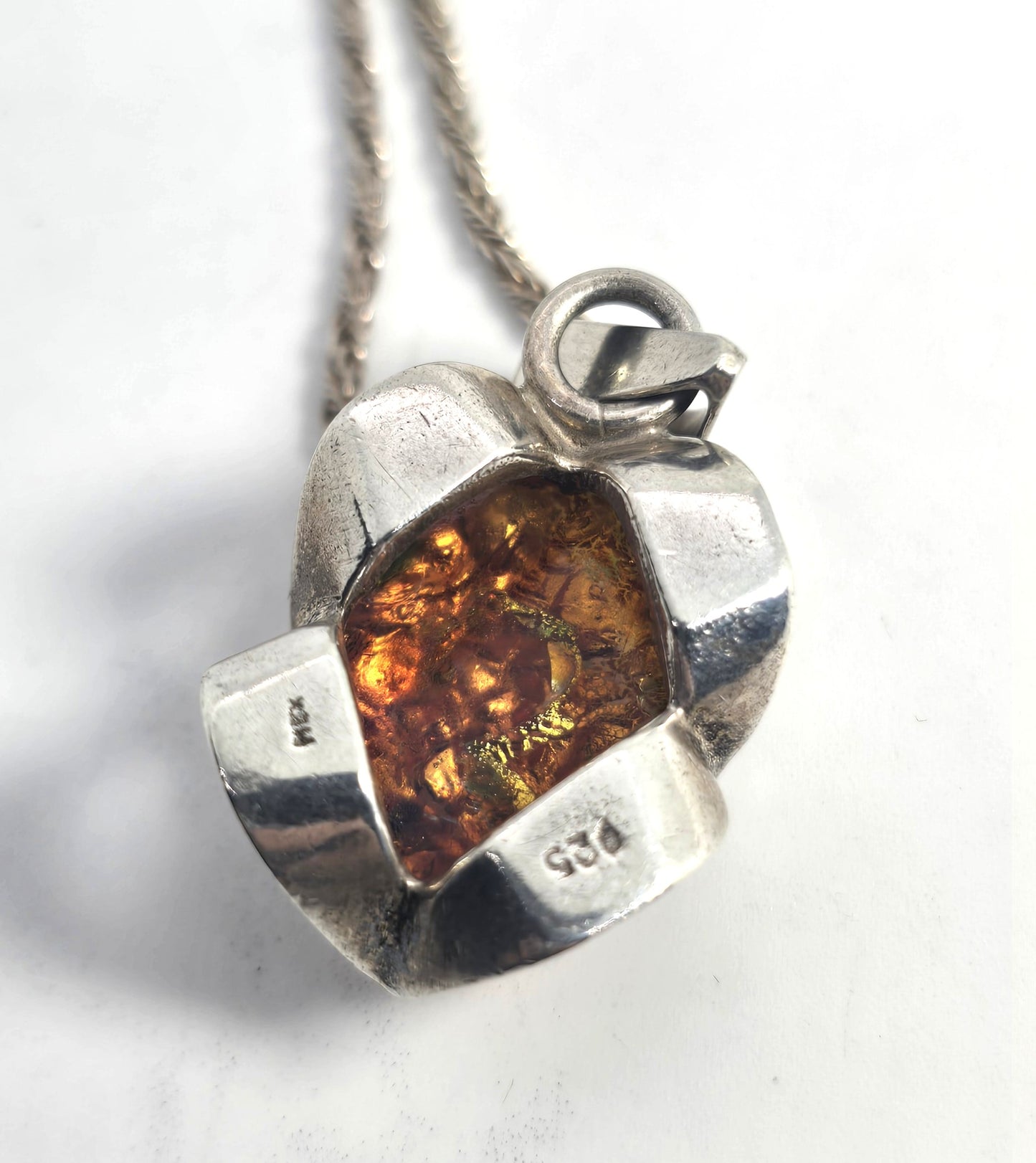 Dichroic glass opal vintage pink flower Mexican sterling silver necklace