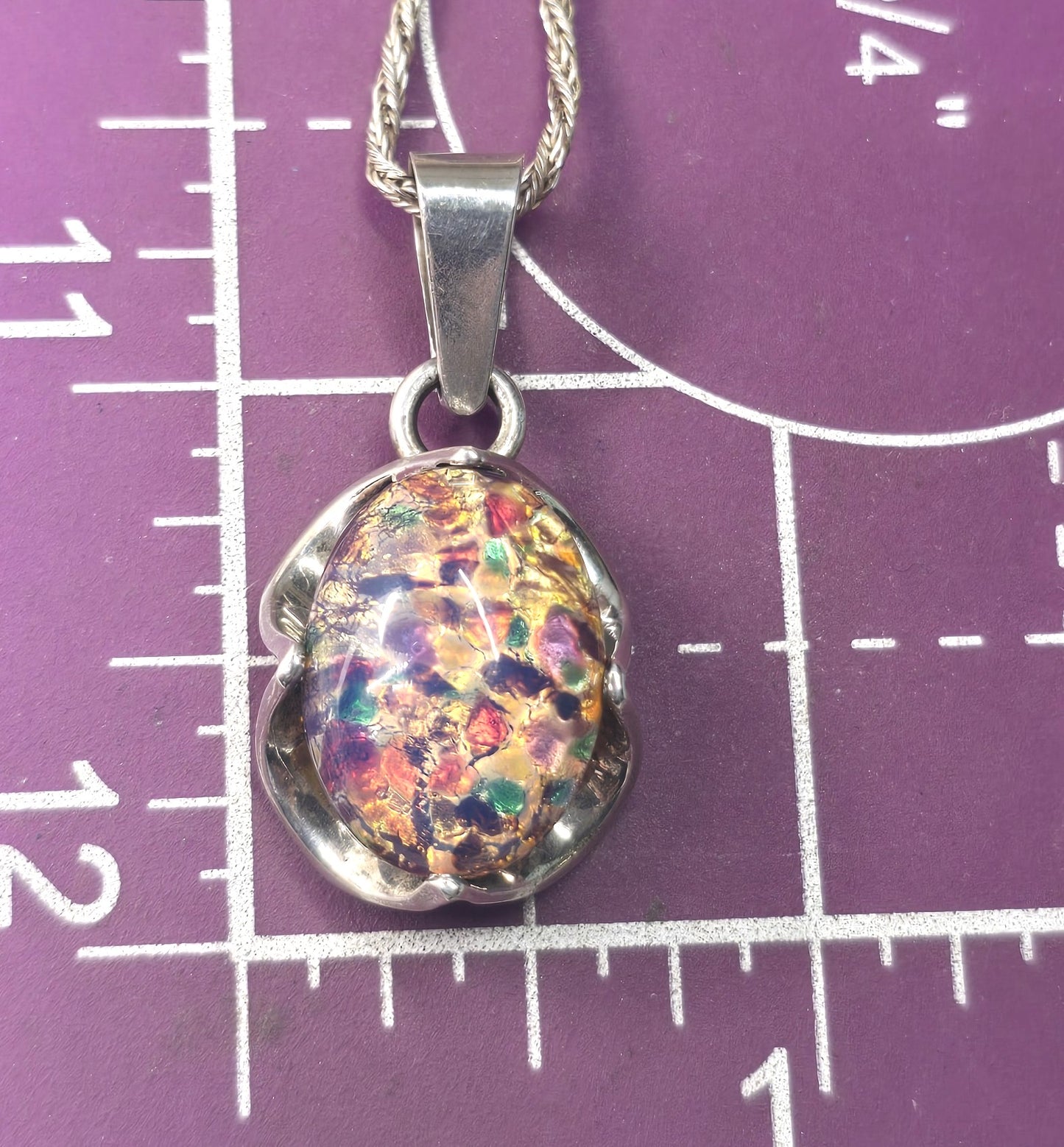 Dichroic glass opal vintage pink flower Mexican sterling silver necklace