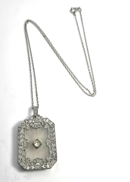 Camphor glass rhodium plated filigree vintage pendant necklace
